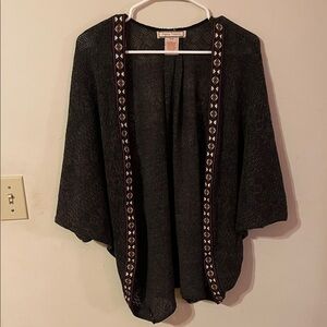 Flying Tomato Charcoal Grey Kimono Cardigan with Embroidered Trim Accents